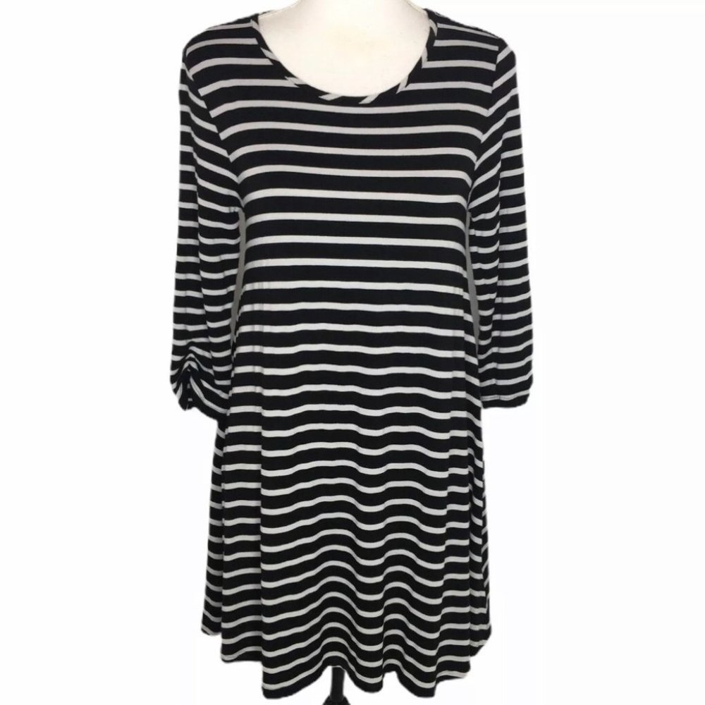GARNET HILL 3/4 Ruched Sleeve Midi Striped Swing A Line Shirt Dress Small